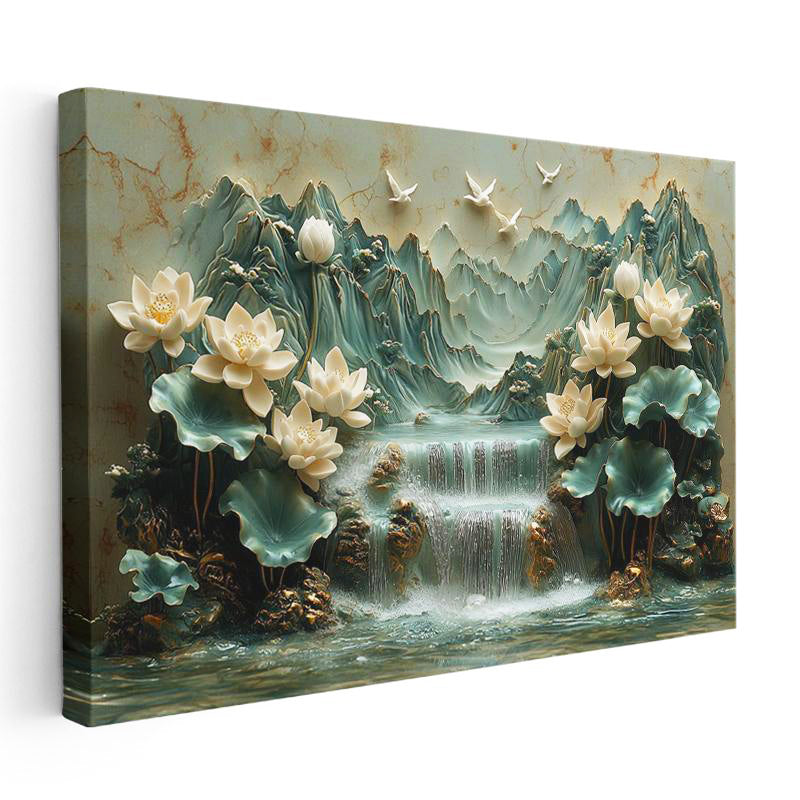 Yatay Kanvas Tablo Şelaleli Dağ Nilüfer Bahçesi Çiçek Tablosu Ev Ofis Duvar Dekoru