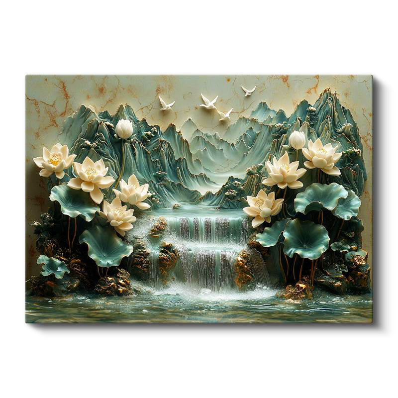 Yatay Kanvas Tablo Şelaleli Dağ Nilüfer Bahçesi Çiçek Tablosu Ev Ofis Duvar Dekoru