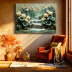 Yatay Kanvas Tablo Şelaleli Dağ Nilüfer Bahçesi Çiçek Tablosu Ev Ofis Duvar Dekoru