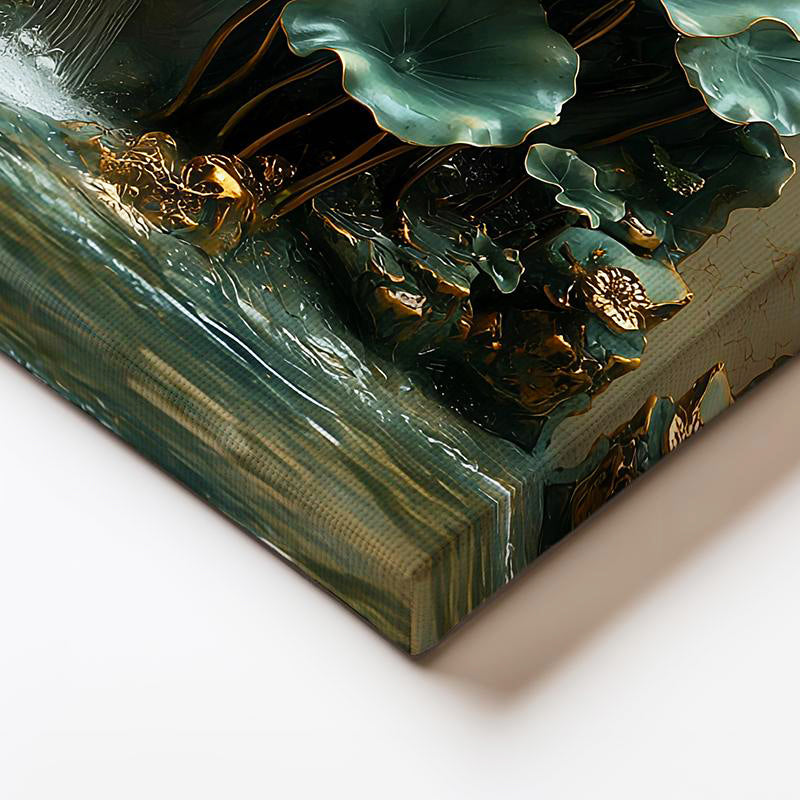 Yatay Kanvas Tablo Şelaleli Dağ Nilüfer Bahçesi Çiçek Tablosu Ev Ofis Duvar Dekoru