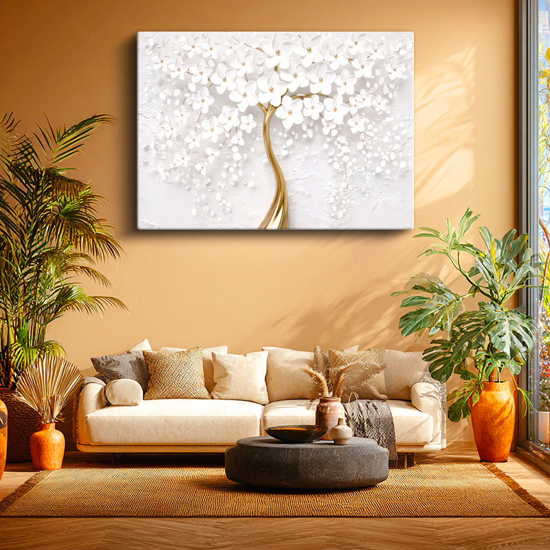 Yatay Kanvas Tablo İnce Gövdeli Çiçek Açmış Ağaç Çiçek Tablosu Ev Ofis Duvar Dekoru