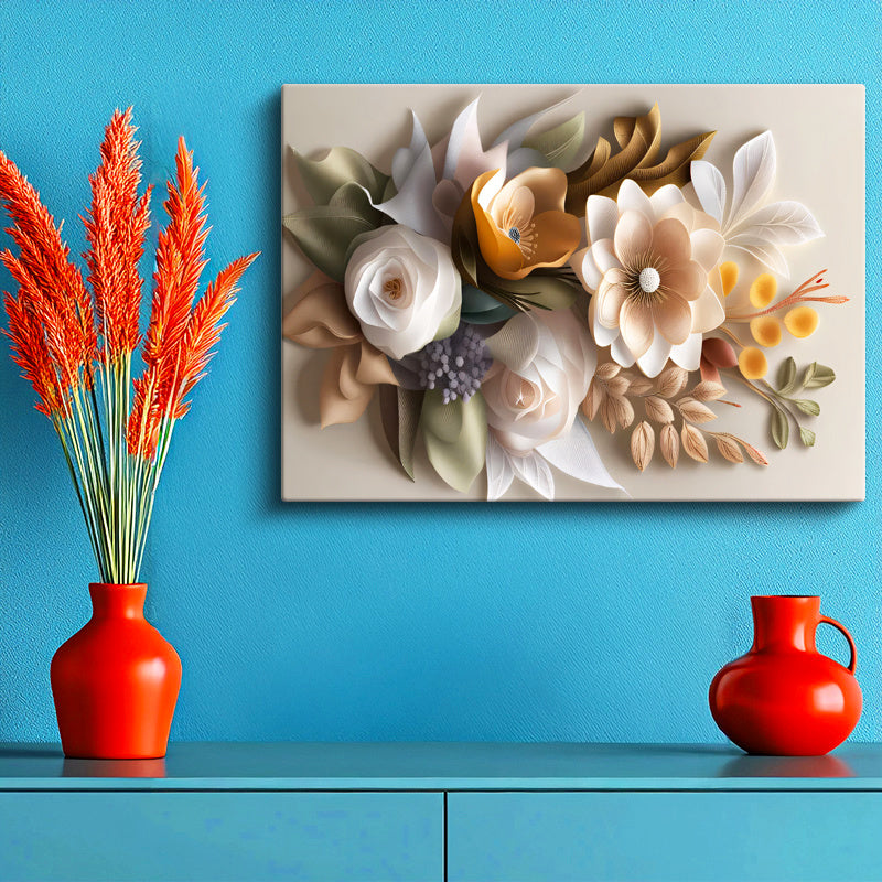 Yatay Kanvas Tablo Karışık Bahar Buketi Aranjmanı Çiçek Tablosu Ev Ofis Duvar Dekoru