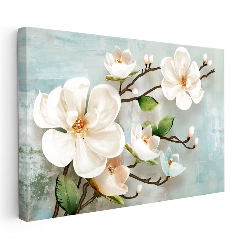 Yatay Kanvas Tablo Dalında Estetik Manolya Çiçekleri Çiçek Tablosu Ev Ofis Duvar Dekoru