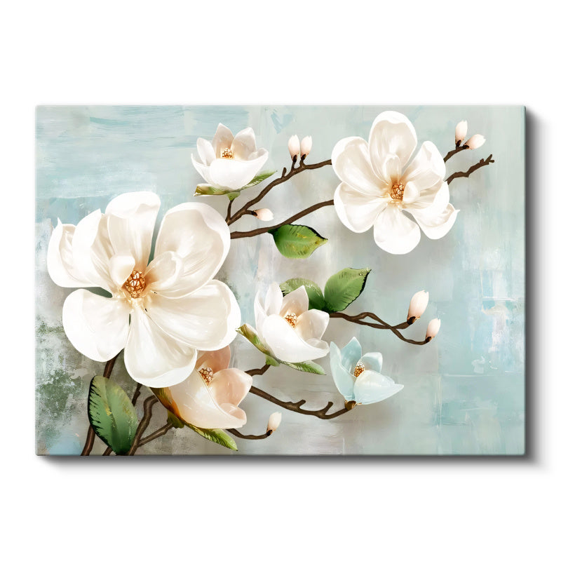 Yatay Kanvas Tablo Dalında Estetik Manolya Çiçekleri Çiçek Tablosu Ev Ofis Duvar Dekoru