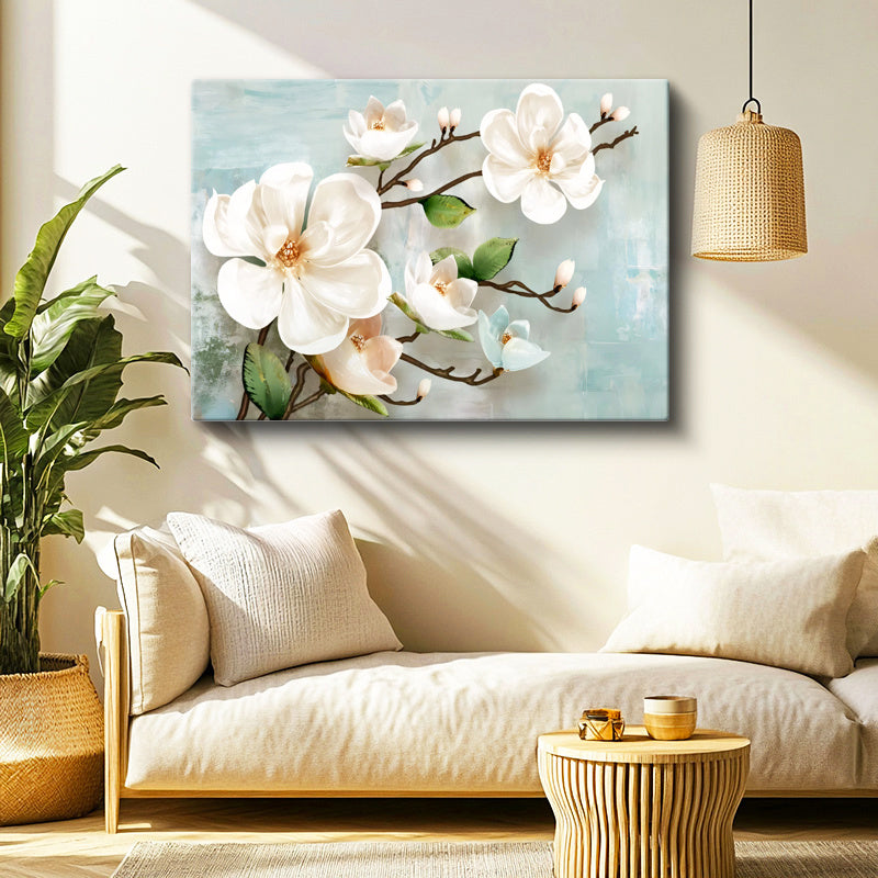 Yatay Kanvas Tablo Dalında Estetik Manolya Çiçekleri Çiçek Tablosu Ev Ofis Duvar Dekoru