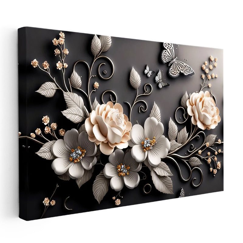 Yatay Kanvas Tablo Kelebekli Güller Çiçek Tablosu Ev Ofis Duvar Dekoru