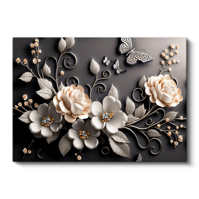 Yatay Kanvas Tablo Kelebekli Güller Çiçek Tablosu Ev Ofis Duvar Dekoru