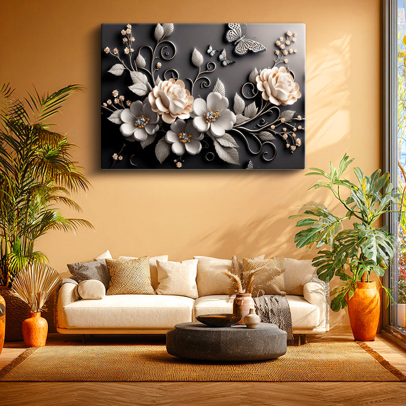 Yatay Kanvas Tablo Kelebekli Güller Çiçek Tablosu Ev Ofis Duvar Dekoru