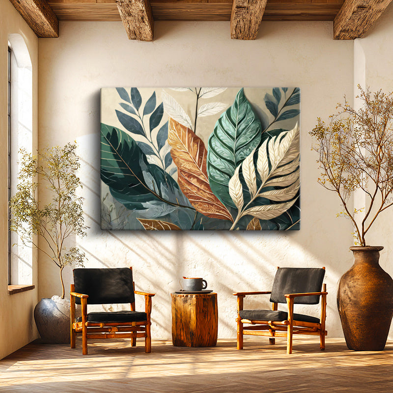 Yatay Kanvas Tablo Tropikal Büyük Yapraklar Çiçek Tablosu Ev Ofis Duvar Dekoru