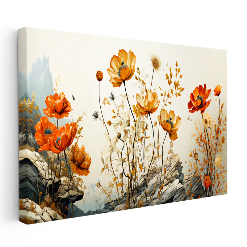 Yatay Kanvas Tablo Kayalık Bahçe Gelincikleri Çiçek Tablosu Ev Ofis Duvar Dekoru