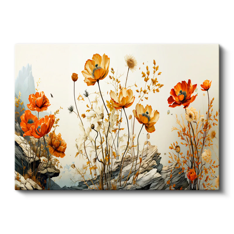 Yatay Kanvas Tablo Kayalık Bahçe Gelincikleri Çiçek Tablosu Ev Ofis Duvar Dekoru