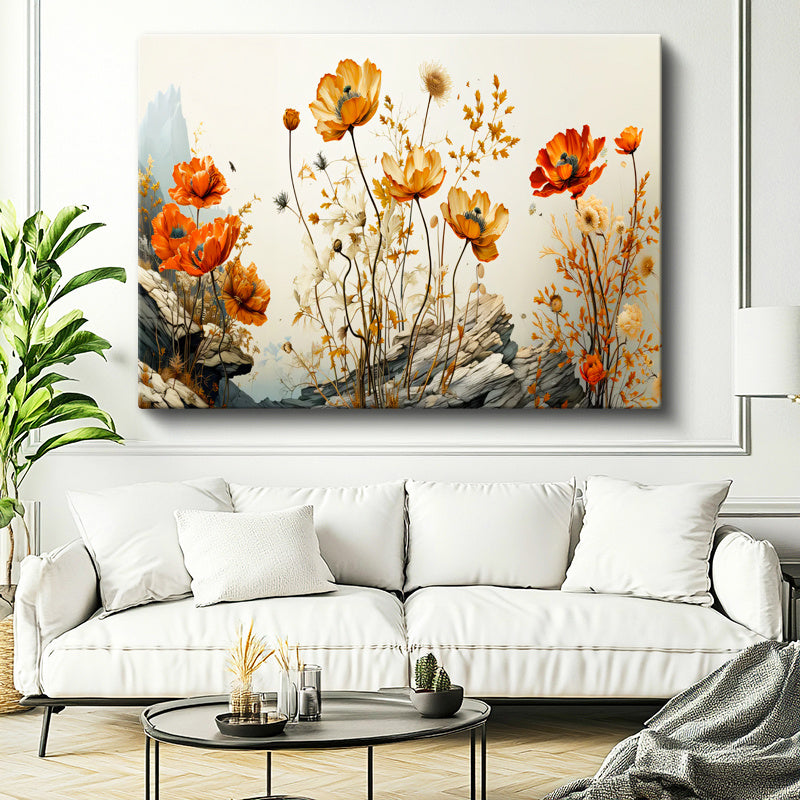 Yatay Kanvas Tablo Kayalık Bahçe Gelincikleri Çiçek Tablosu Ev Ofis Duvar Dekoru