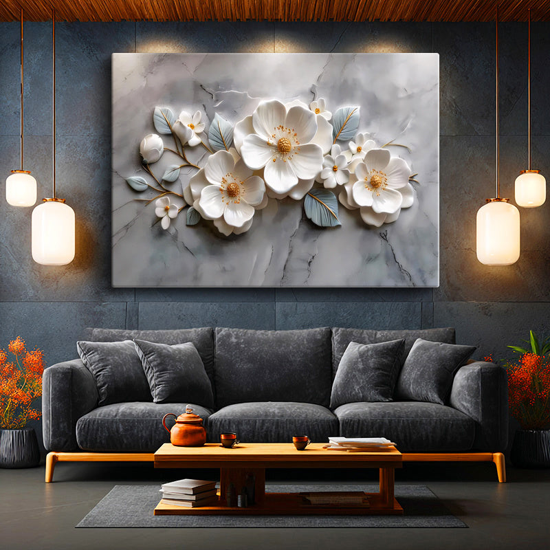 Yatay Kanvas Tablo Kabartma Görünümlü Zarif Çiçekler Çiçek Tablosu Ev Ofis Duvar Dekoru