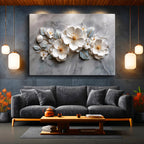 Yatay Kanvas Tablo Kabartma Görünümlü Zarif Çiçekler Çiçek Tablosu Ev Ofis Duvar Dekoru