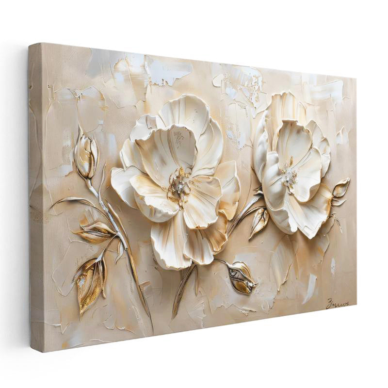 Yatay Kanvas Tablo Kabartma Görünümlü Gül Çiçek Tablosu Ev Ofis Duvar Dekoru