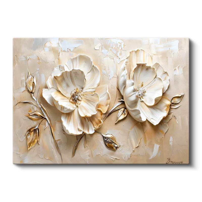 Yatay Kanvas Tablo Kabartma Görünümlü Gül Çiçek Tablosu Ev Ofis Duvar Dekoru