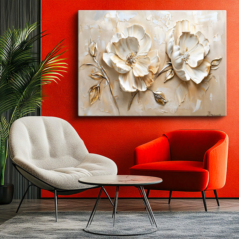 Yatay Kanvas Tablo Kabartma Görünümlü Gül Çiçek Tablosu Ev Ofis Duvar Dekoru