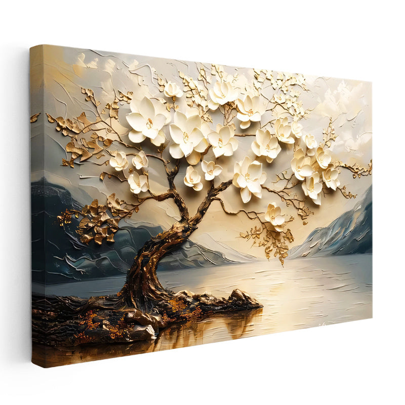 Yatay Kanvas Tablo Manolya Ağacı Manzaralı Çiçek Tablosu Ev Ofis Duvar Dekoru