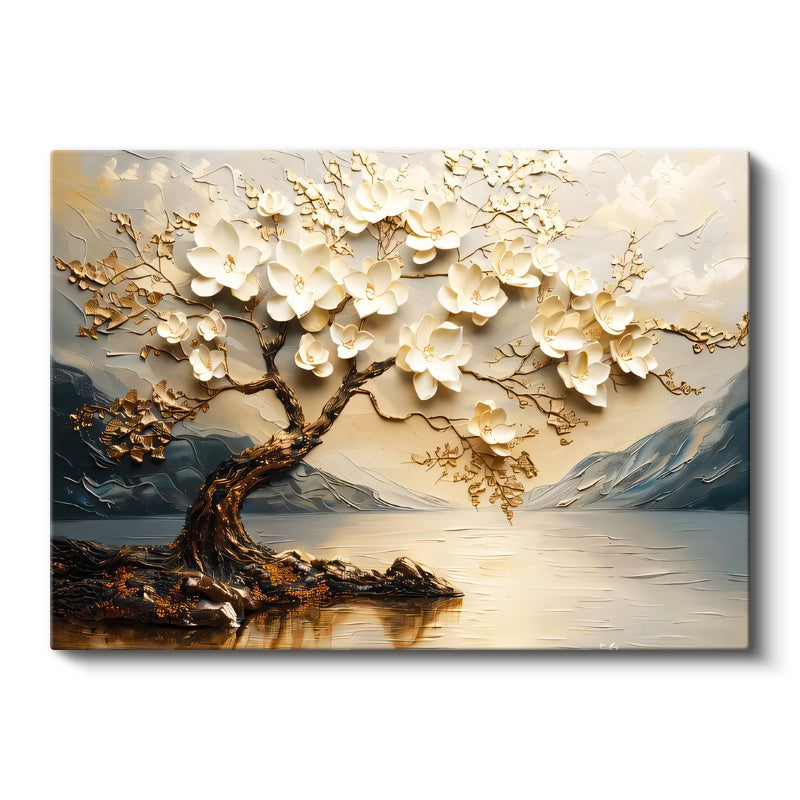 Yatay Kanvas Tablo Manolya Ağacı Manzaralı Çiçek Tablosu Ev Ofis Duvar Dekoru