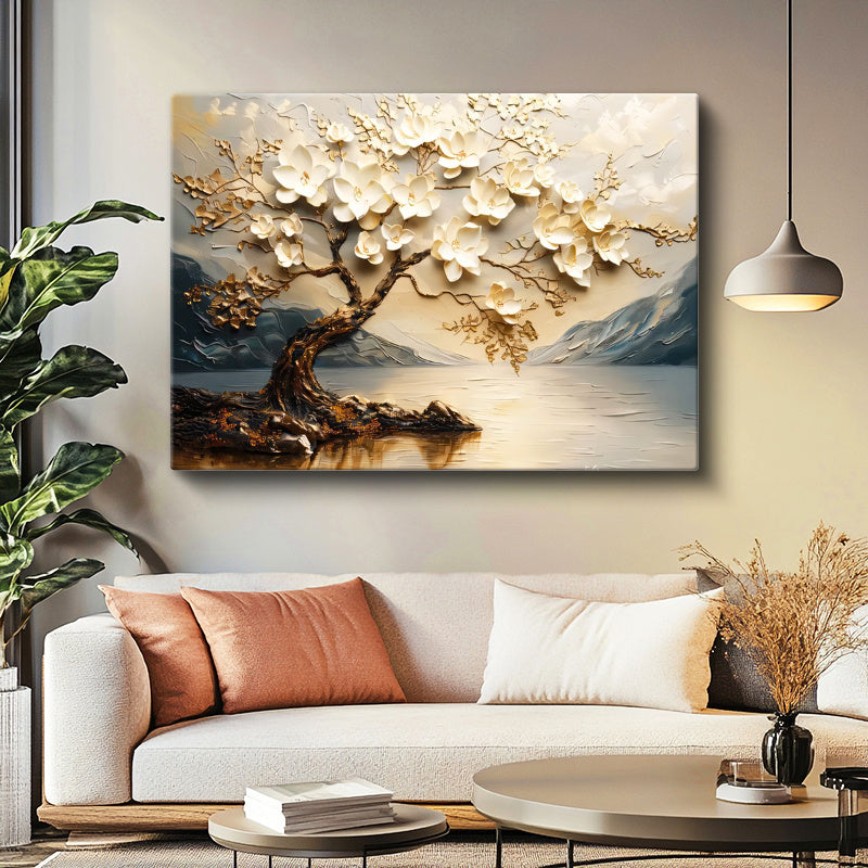 Yatay Kanvas Tablo Manolya Ağacı Manzaralı Çiçek Tablosu Ev Ofis Duvar Dekoru