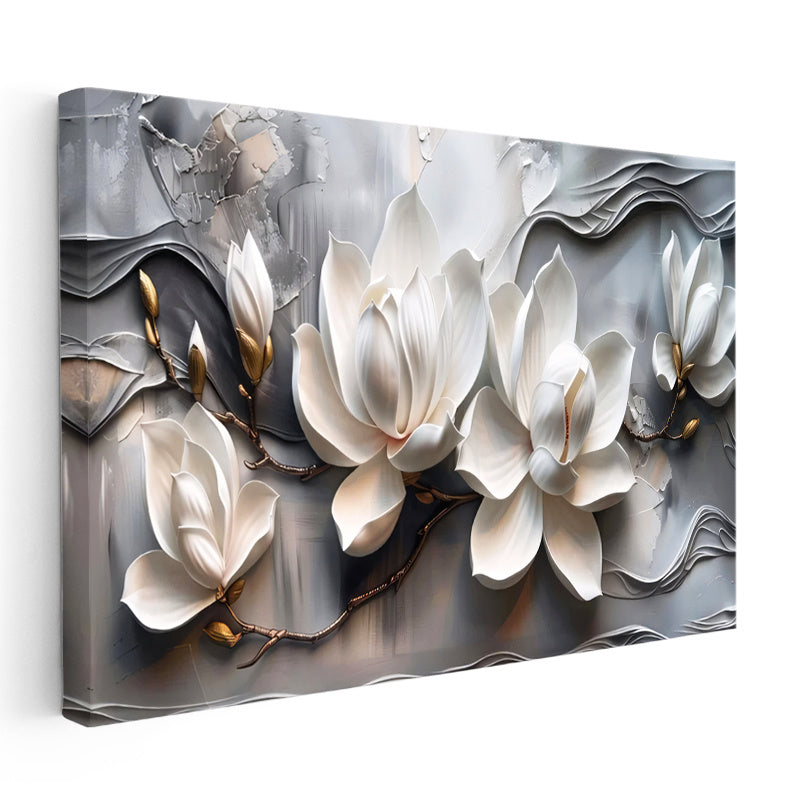 Yatay Kanvas Tablo Kabartma Görünümlü Manolyalar Çiçek Tablosu Ev Ofis Duvar Dekoru