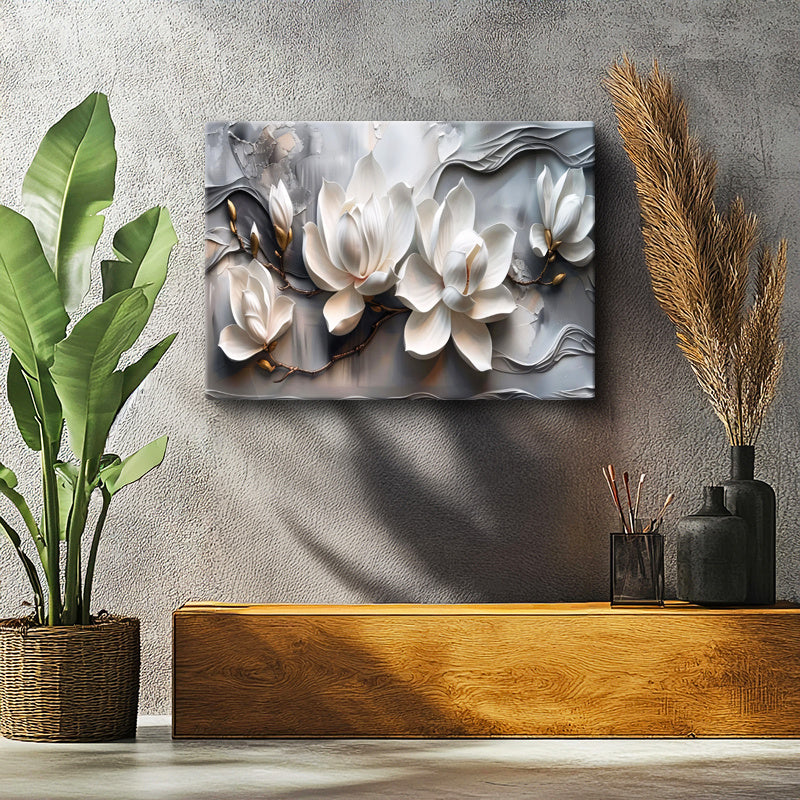 Yatay Kanvas Tablo Kabartma Görünümlü Manolyalar Çiçek Tablosu Ev Ofis Duvar Dekoru