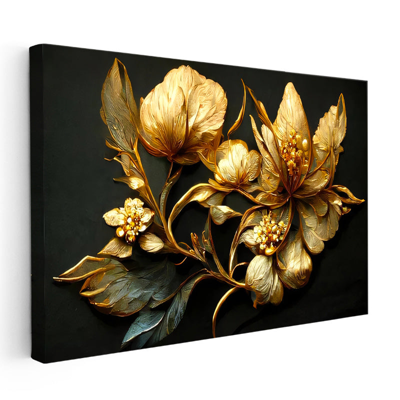 Yatay Kanvas Tablo Metalik Görünümlü Çiçekler Çiçek Tablosu Ev Ofis Duvar Dekoru