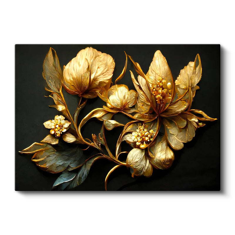 Yatay Kanvas Tablo Metalik Görünümlü Çiçekler Çiçek Tablosu Ev Ofis Duvar Dekoru