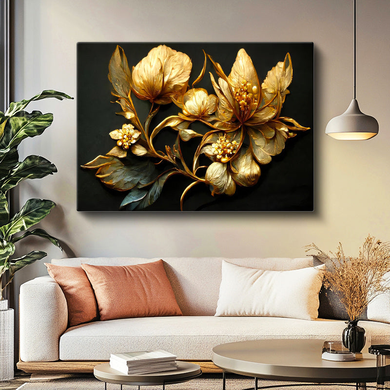 Yatay Kanvas Tablo Metalik Görünümlü Çiçekler Çiçek Tablosu Ev Ofis Duvar Dekoru