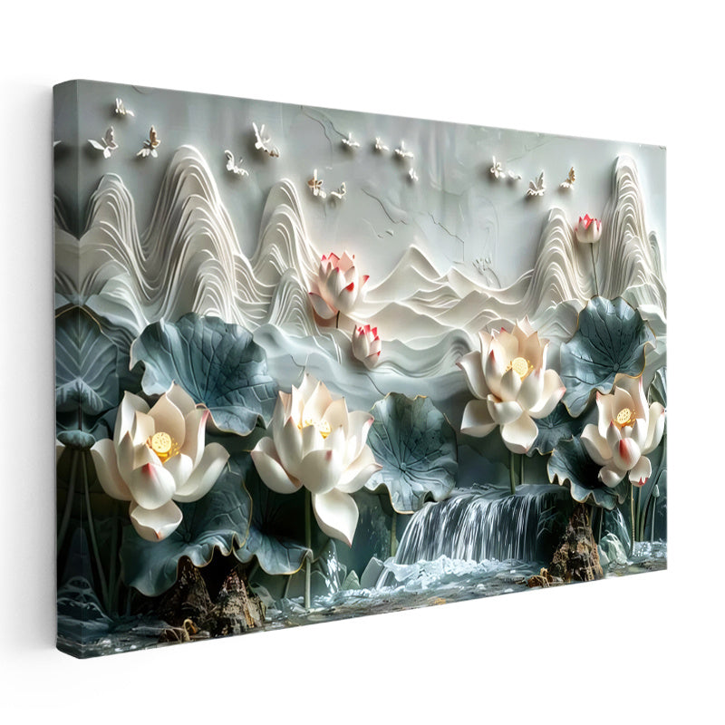 Yatay Kanvas Tablo Nilüfer ve Şelale Manzarası Çiçek Tablosu Ev Ofis Duvar Dekoru