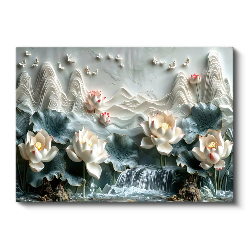 Yatay Kanvas Tablo Nilüfer ve Şelale Manzarası Çiçek Tablosu Ev Ofis Duvar Dekoru