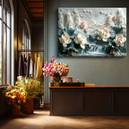 Yatay Kanvas Tablo Nilüfer ve Şelale Manzarası Çiçek Tablosu Ev Ofis Duvar Dekoru