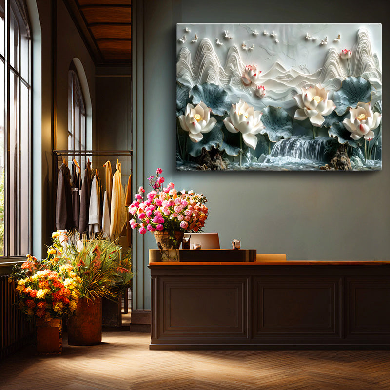 Yatay Kanvas Tablo Nilüfer ve Şelale Manzarası Çiçek Tablosu Ev Ofis Duvar Dekoru