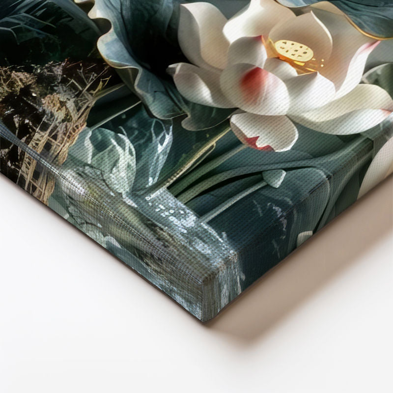 Yatay Kanvas Tablo Nilüfer ve Şelale Manzarası Çiçek Tablosu Ev Ofis Duvar Dekoru