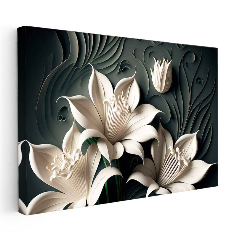 Yatay Kanvas Tablo Kabartma Görünümlü Lilyum Çiçek Tablosu Ev Ofis Duvar Dekoru