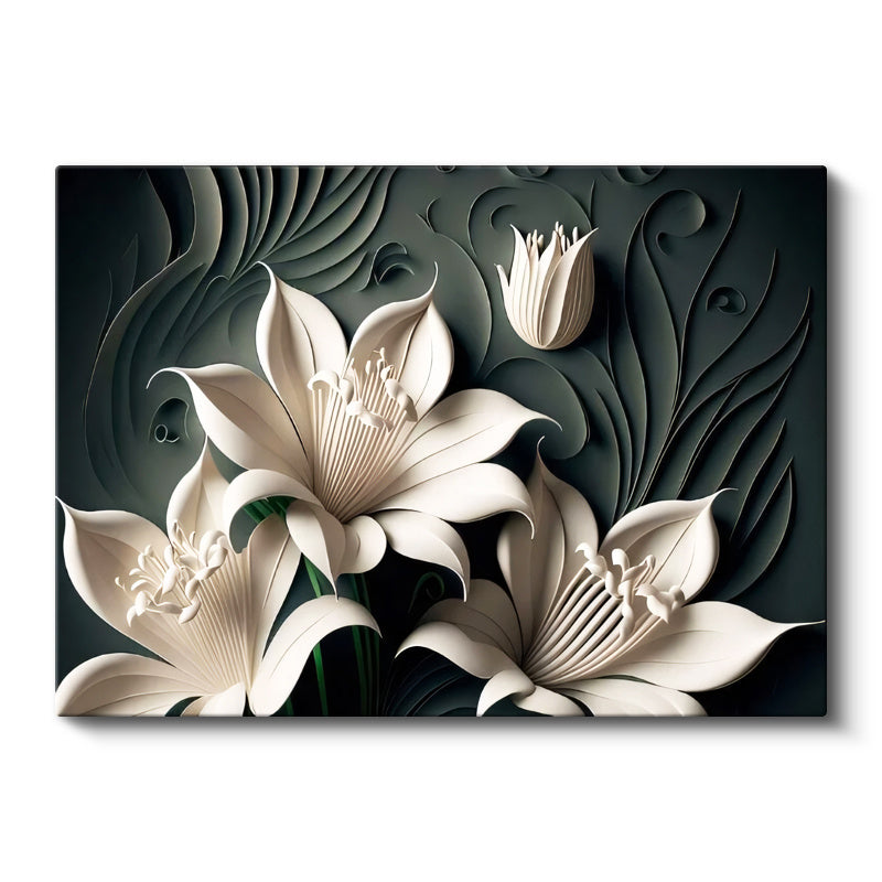 Yatay Kanvas Tablo Kabartma Görünümlü Lilyum Çiçek Tablosu Ev Ofis Duvar Dekoru