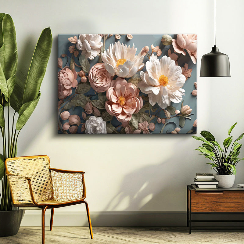 Yatay Kanvas Tablo Şakayık ve Tomurcuklar Çiçek Tablosu Ev Ofis Duvar Dekoru