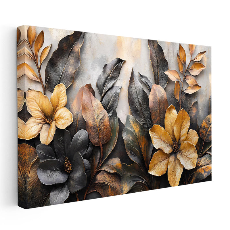 Yatay Kanvas Tablo Katmanlı Yapraklar ve Çiçekler Çiçek Tablosu Ev Ofis Duvar Dekoru