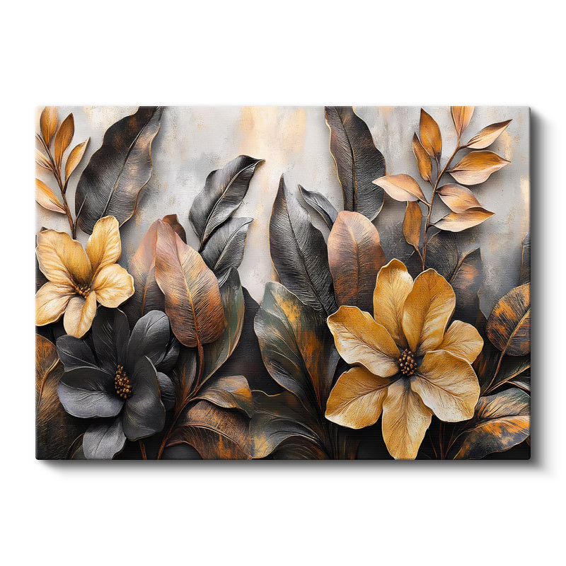 Yatay Kanvas Tablo Katmanlı Yapraklar ve Çiçekler Çiçek Tablosu Ev Ofis Duvar Dekoru
