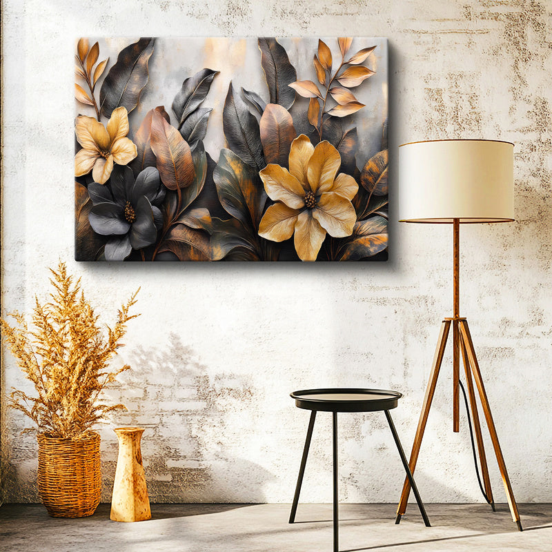 Yatay Kanvas Tablo Katmanlı Yapraklar ve Çiçekler Çiçek Tablosu Ev Ofis Duvar Dekoru