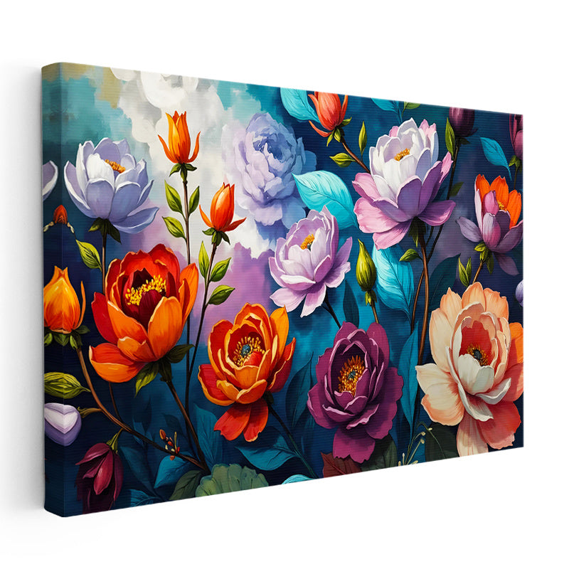 Yatay Kanvas Tablo Karışık Bahar Bahçesi Çiçek Tablosu Ev Ofis Duvar Dekoru