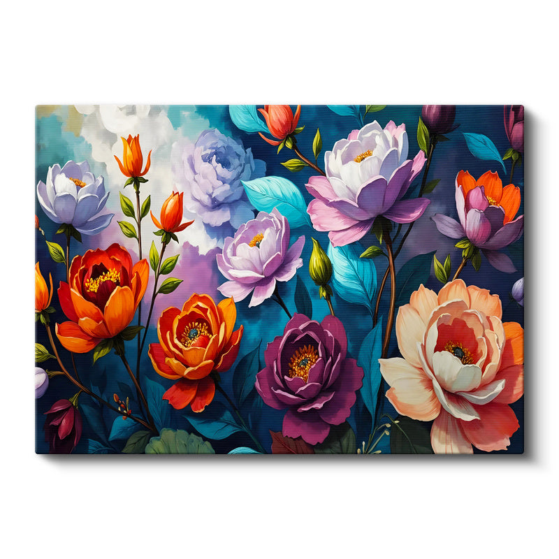 Yatay Kanvas Tablo Karışık Bahar Bahçesi Çiçek Tablosu Ev Ofis Duvar Dekoru