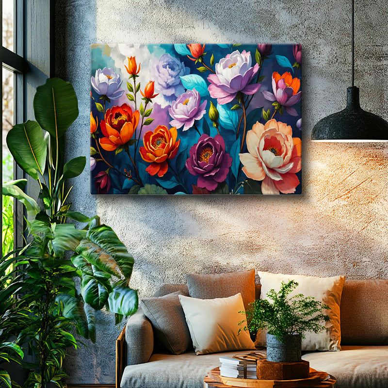 Yatay Kanvas Tablo Karışık Bahar Bahçesi Çiçek Tablosu Ev Ofis Duvar Dekoru