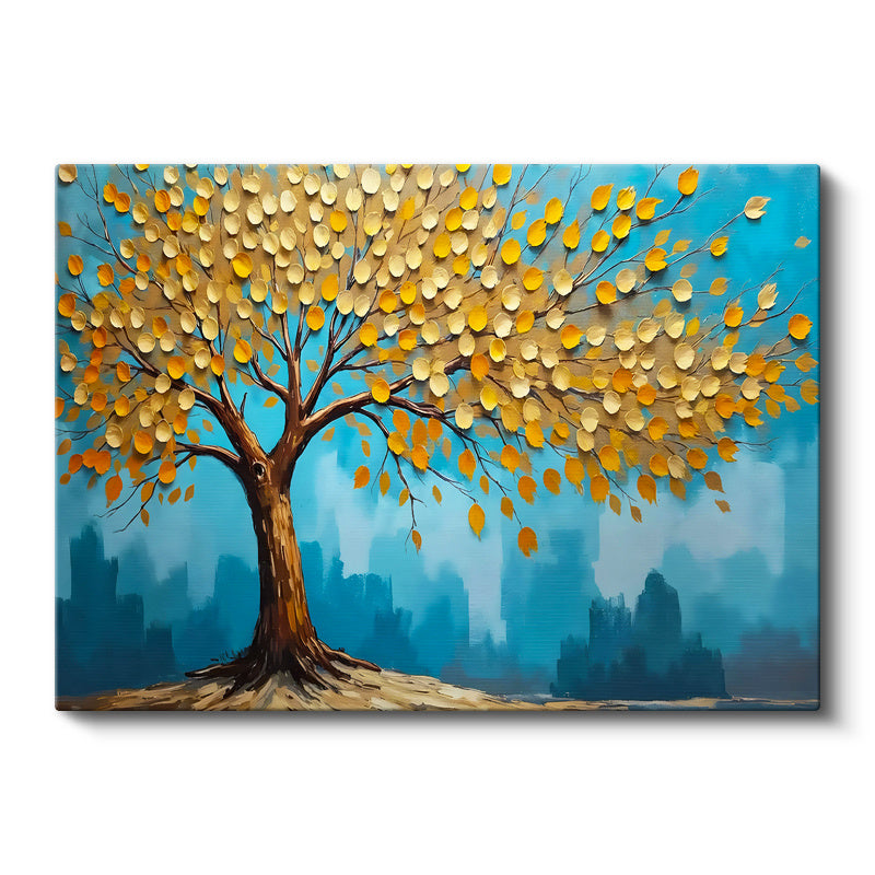 Yatay Kanvas Tablo Yuvarlak Yapraklı Estetik Ağaç Çiçek Tablosu Ev Ofis Duvar Dekoru