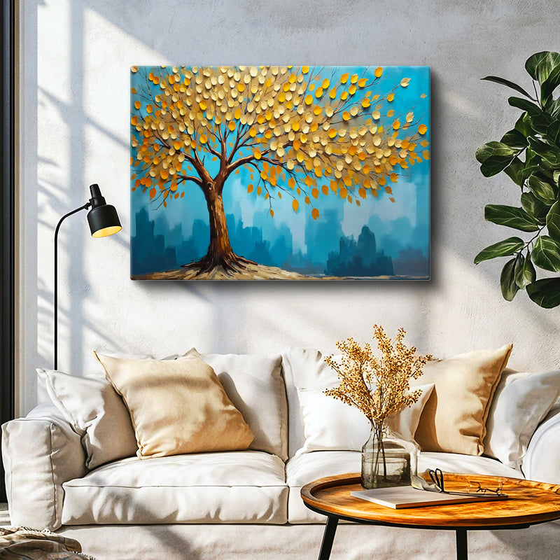 Yatay Kanvas Tablo Yuvarlak Yapraklı Estetik Ağaç Çiçek Tablosu Ev Ofis Duvar Dekoru