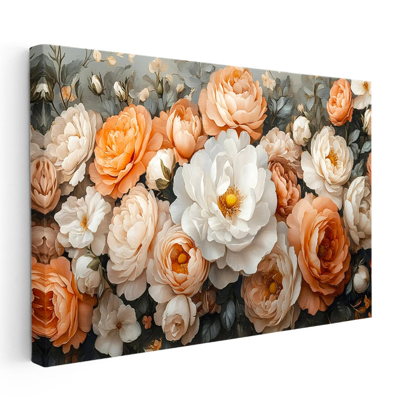 Yatay Kanvas Tablo Sık Yapraklı Katmerli Güller Çiçek Tablosu Ev Ofis Duvar Dekoru