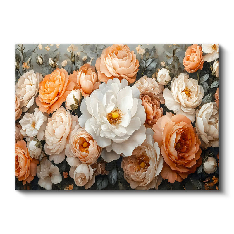 Yatay Kanvas Tablo Sık Yapraklı Katmerli Güller Çiçek Tablosu Ev Ofis Duvar Dekoru