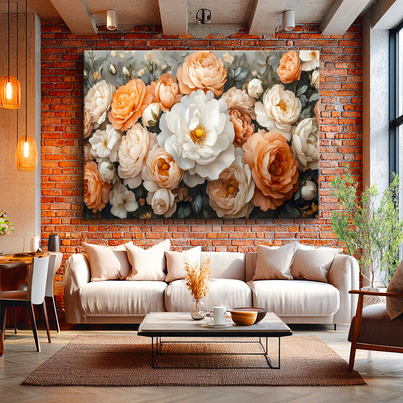 Yatay Kanvas Tablo Sık Yapraklı Katmerli Güller Çiçek Tablosu Ev Ofis Duvar Dekoru