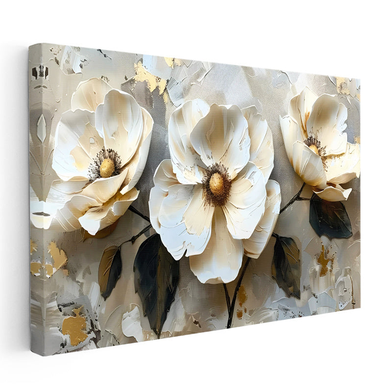 Yatay Kanvas Tablo Kabartma Görünümlü Üçlü Çiçek Çiçek Tablosu Ev Ofis Duvar Dekoru