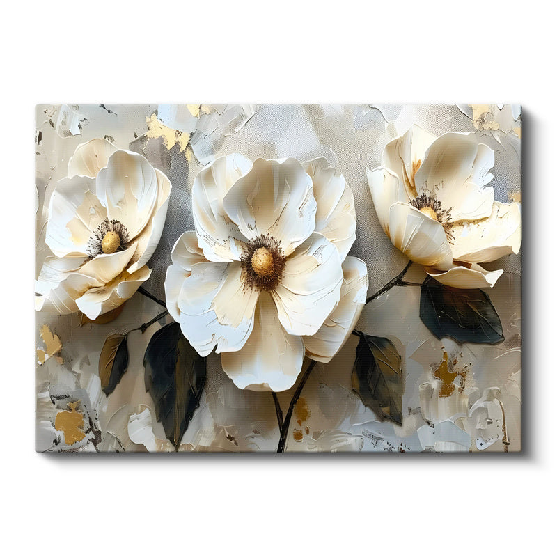 Yatay Kanvas Tablo Kabartma Görünümlü Üçlü Çiçek Çiçek Tablosu Ev Ofis Duvar Dekoru